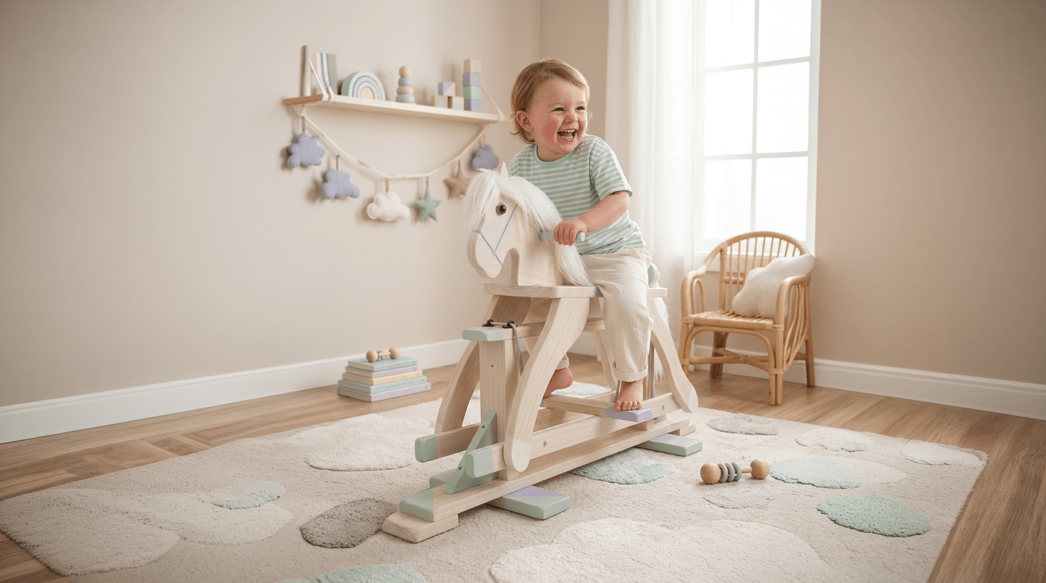 Toddler joyfully riding a handcrafted wooden rocking horse in a beautiful nursery